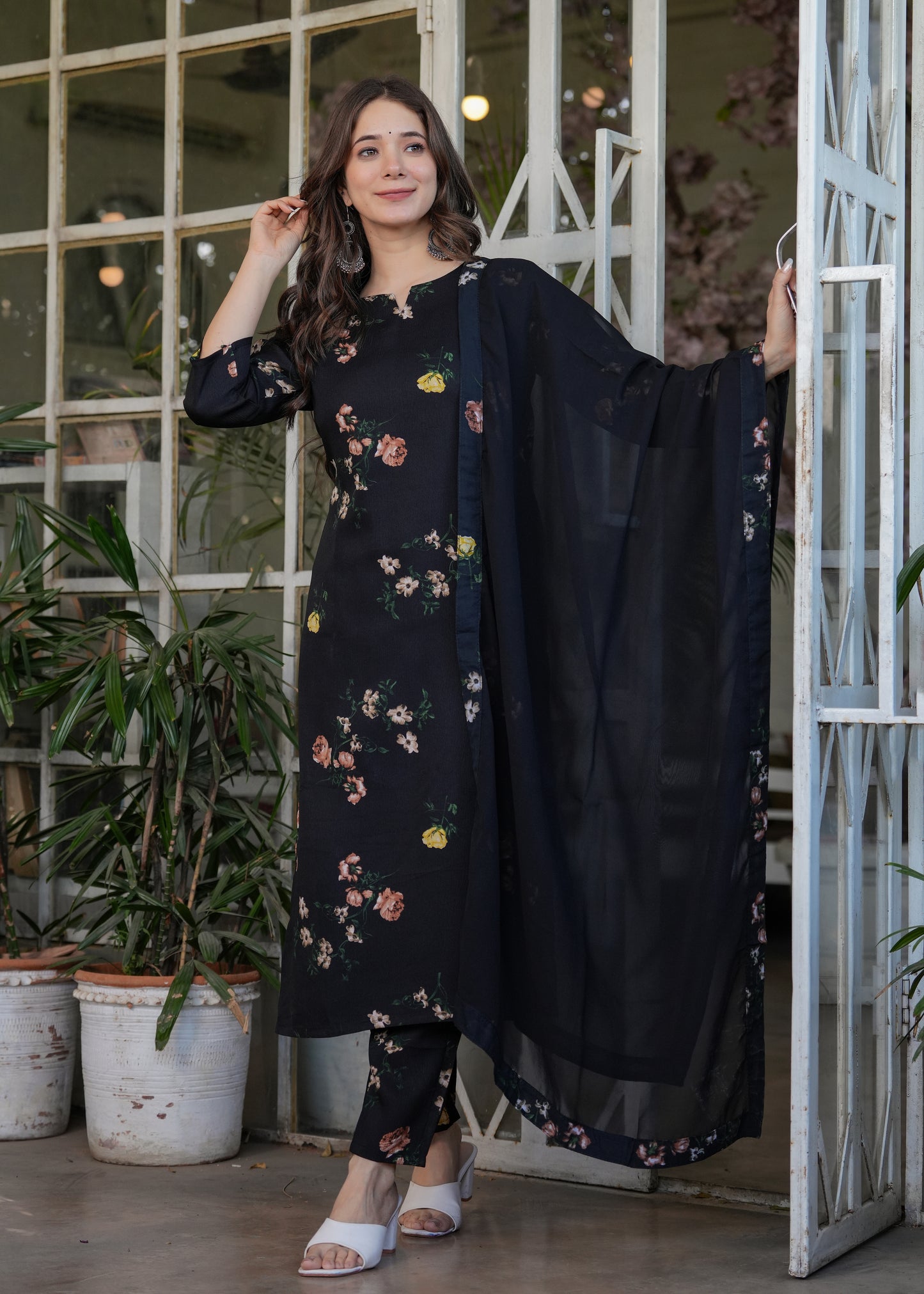 Black Floral Printed Silk Blend Kurta Pant Dupatta Set