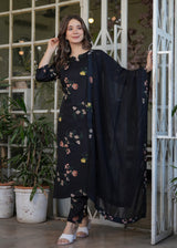 Black Floral Printed Silk Blend Kurta Pant Dupatta Set
