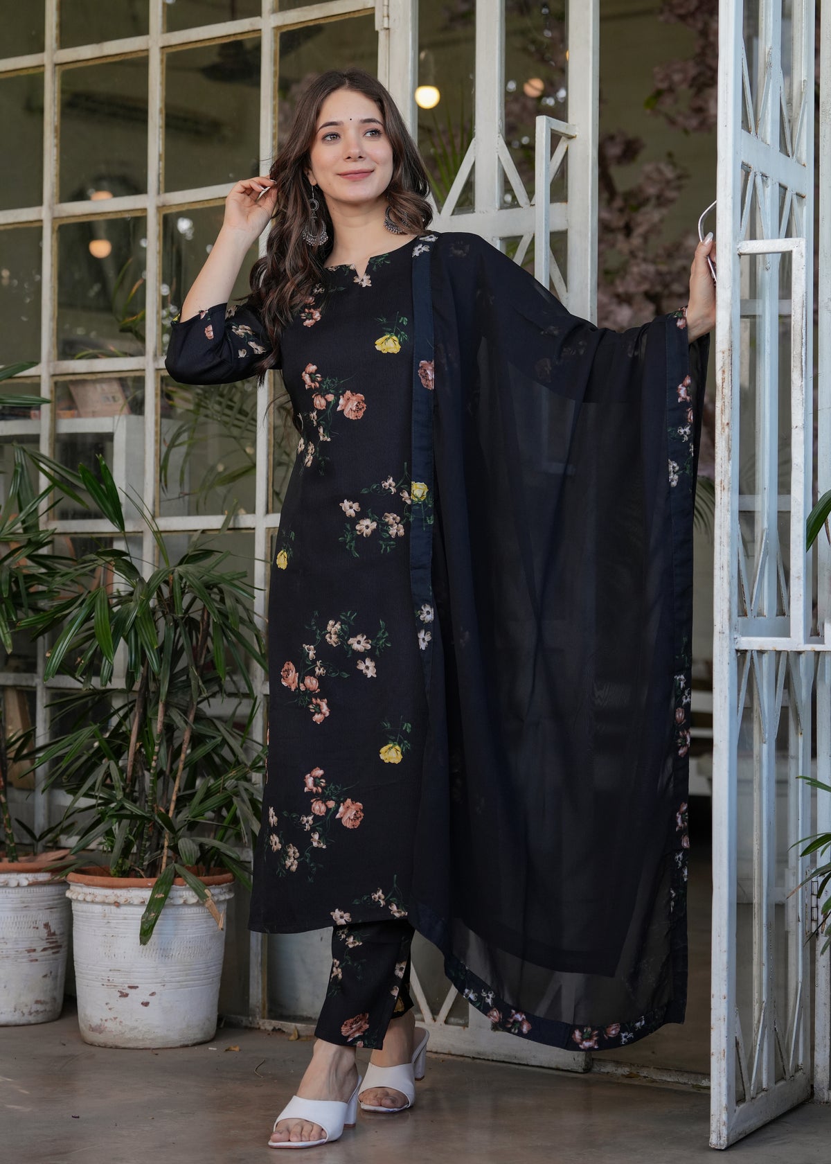 Black Floral Printed Silk Blend Kurta Pant Dupatta Set