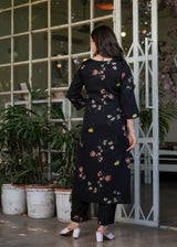 Black Floral Printed Silk Blend Kurta Pant Dupatta Set