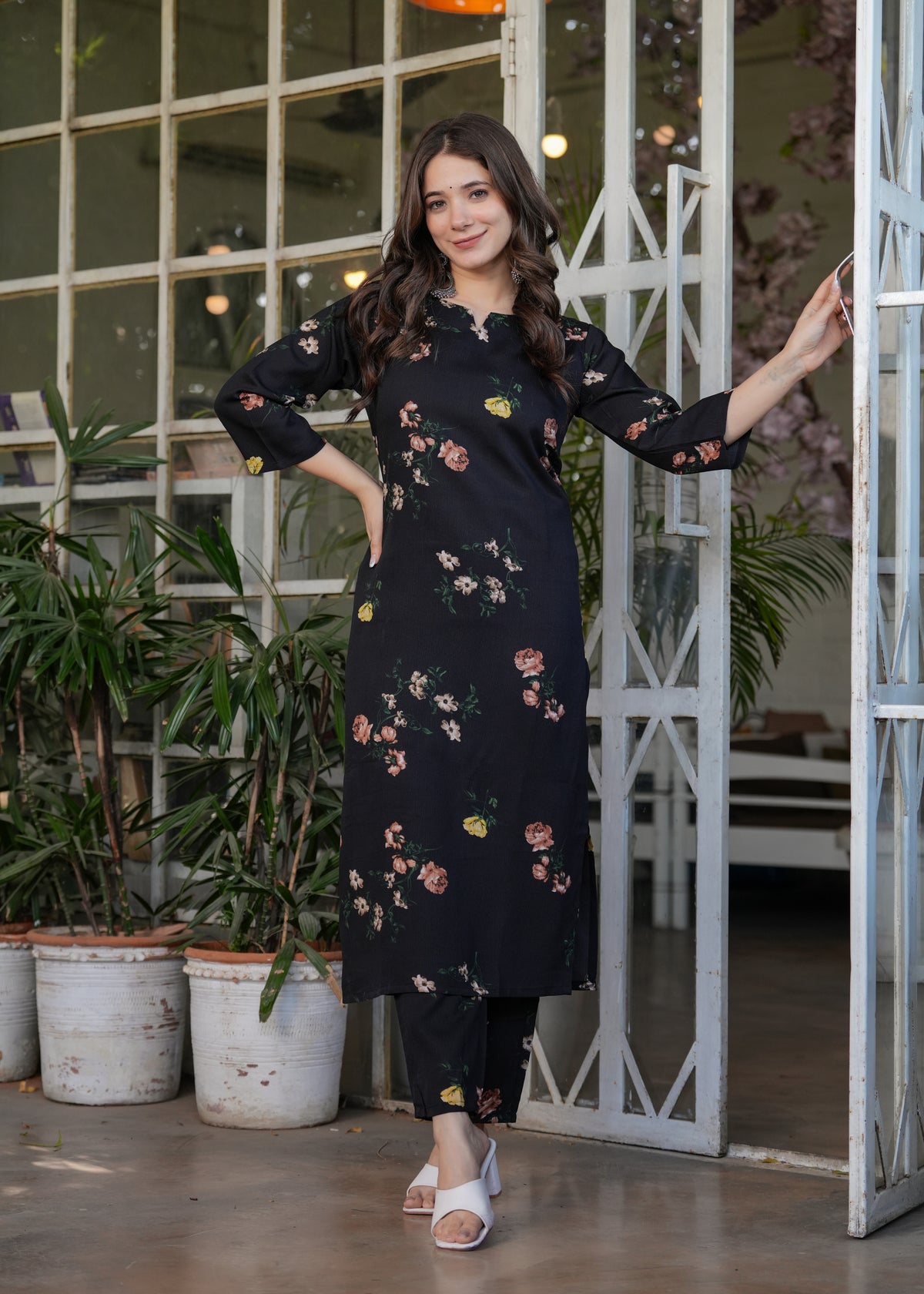 Black Floral Printed Silk Blend Kurta Pant Dupatta Set