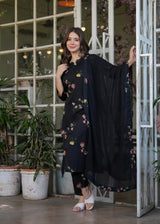 Black Floral Printed Silk Blend Kurta Pant Dupatta Set