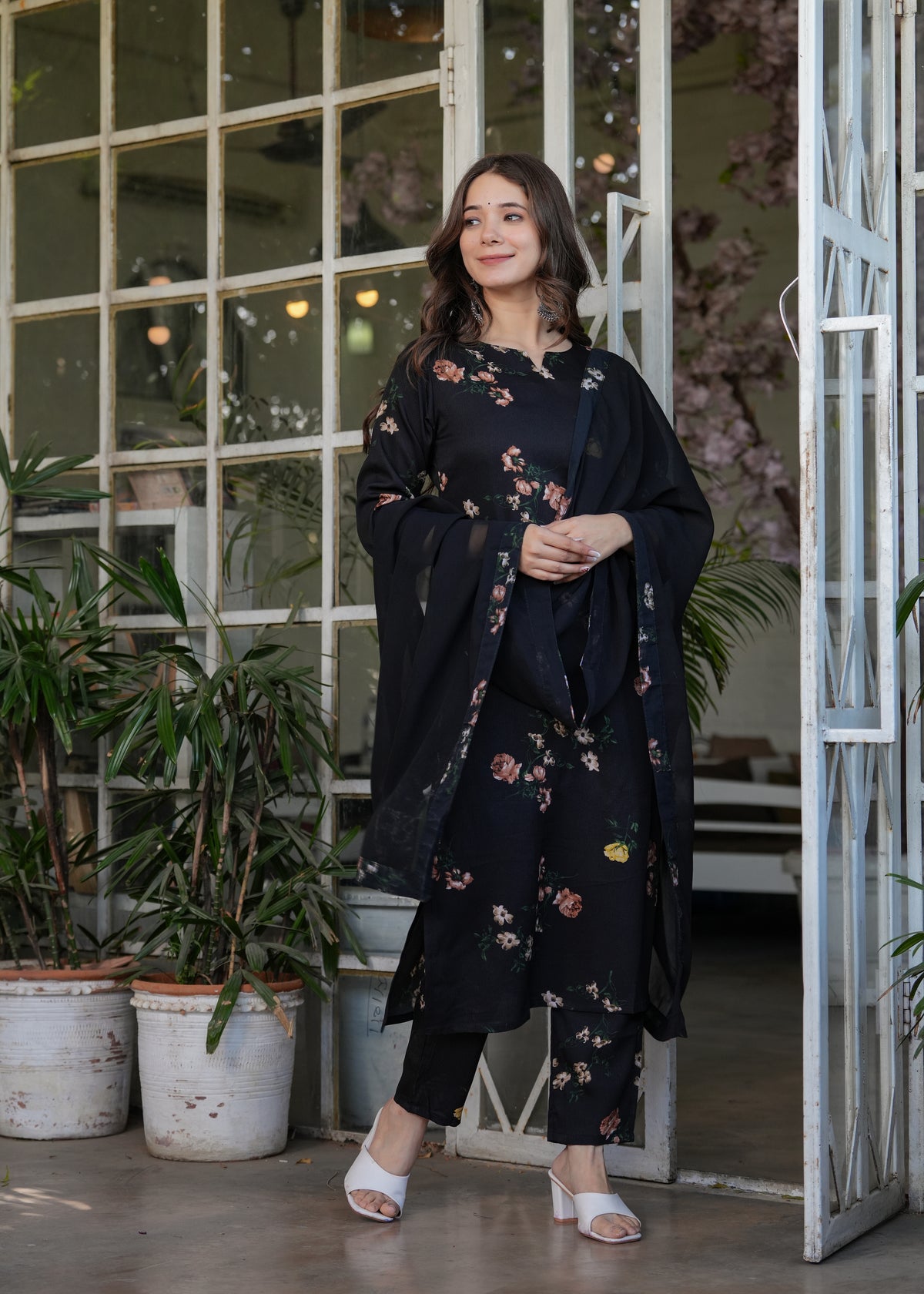 Black Floral Printed Silk Blend Kurta Pant Dupatta Set