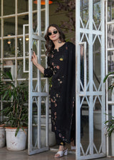 Black Floral Printed Silk Blend Kurta Pant Dupatta Set