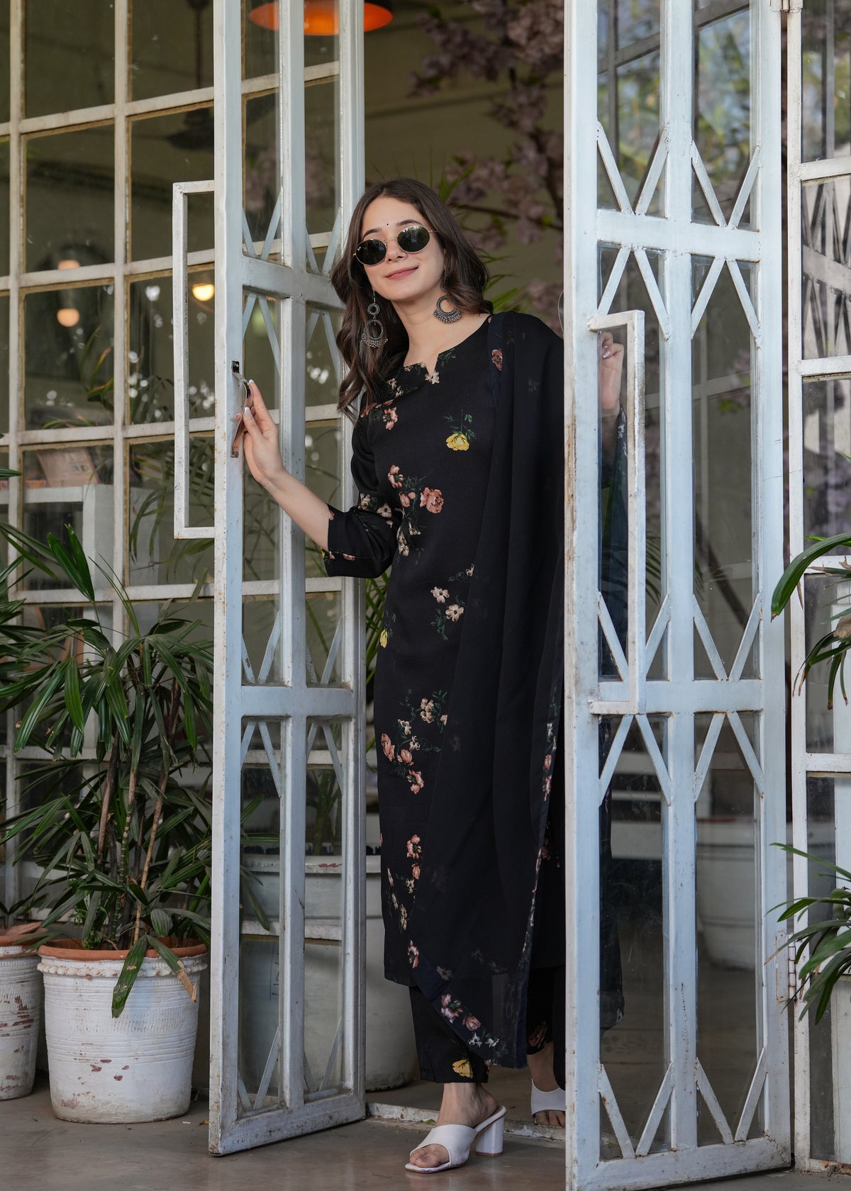 Black Floral Printed Silk Blend Kurta Pant Dupatta Set