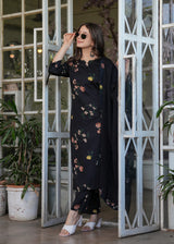 Black Floral Printed Silk Blend Kurta Pant Dupatta Set