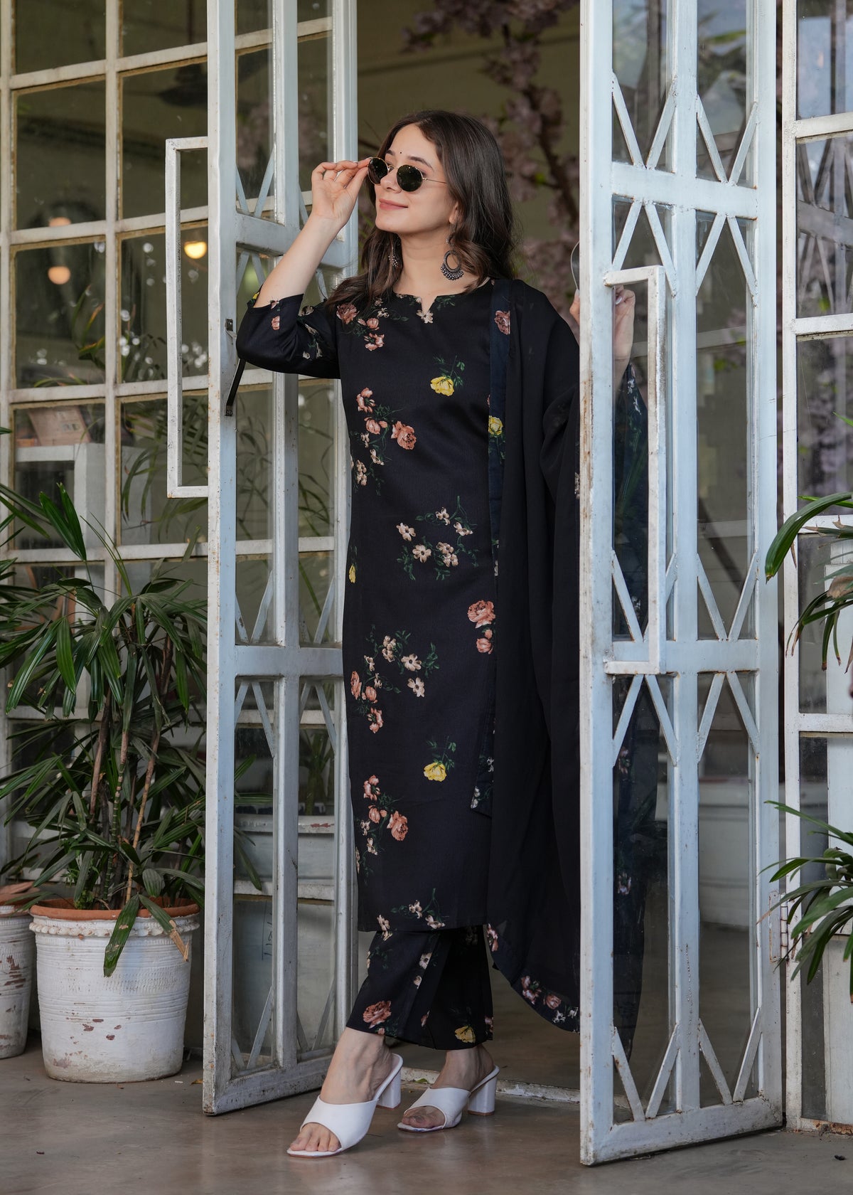 Black Floral Printed Silk Blend Kurta Pant Dupatta Set