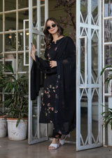 Black Floral Printed Silk Blend Kurta Pant Dupatta Set