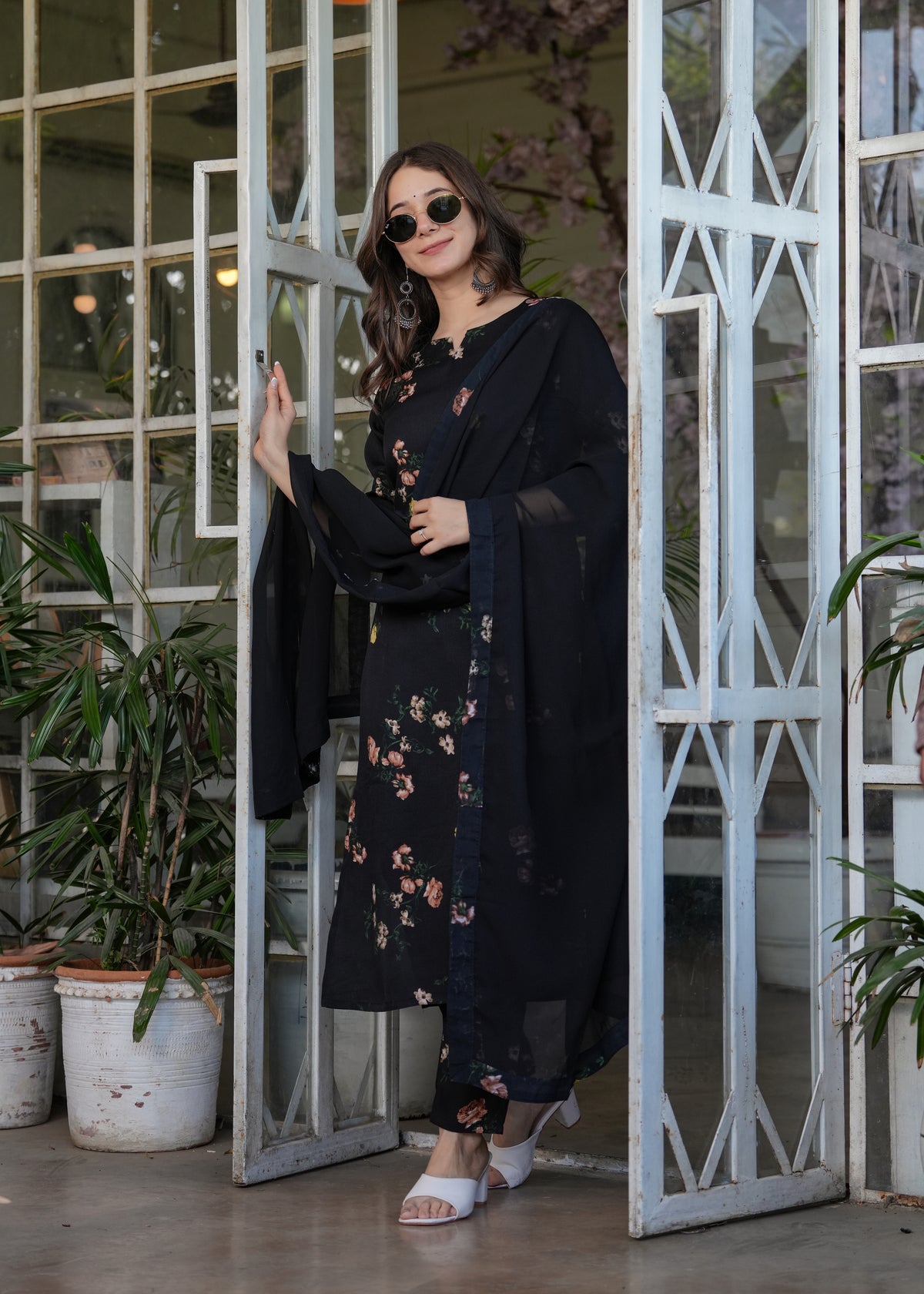 Black Floral Printed Silk Blend Kurta Pant Dupatta Set
