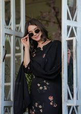 Black Floral Printed Silk Blend Kurta Pant Dupatta Set