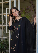 Black Floral Printed Silk Blend Kurta Pant Dupatta Set