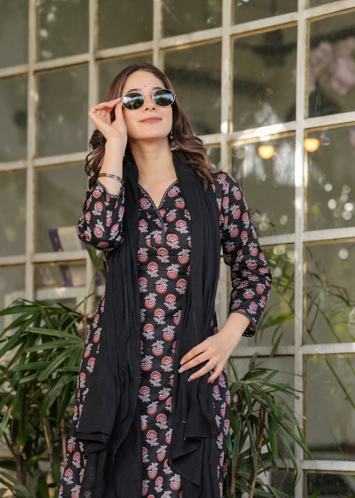 Black Pure Cotton Printed Kurta Pant Dupatta Set