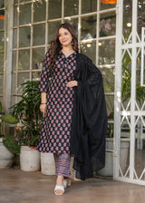 Black Pure Cotton Printed Kurta Pant Dupatta Set