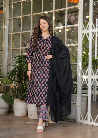 Black Pure Cotton Printed Kurta Pant Dupatta Set