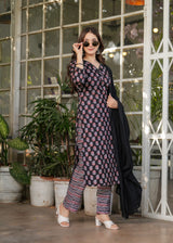 Black Pure Cotton Printed Kurta Pant Dupatta Set