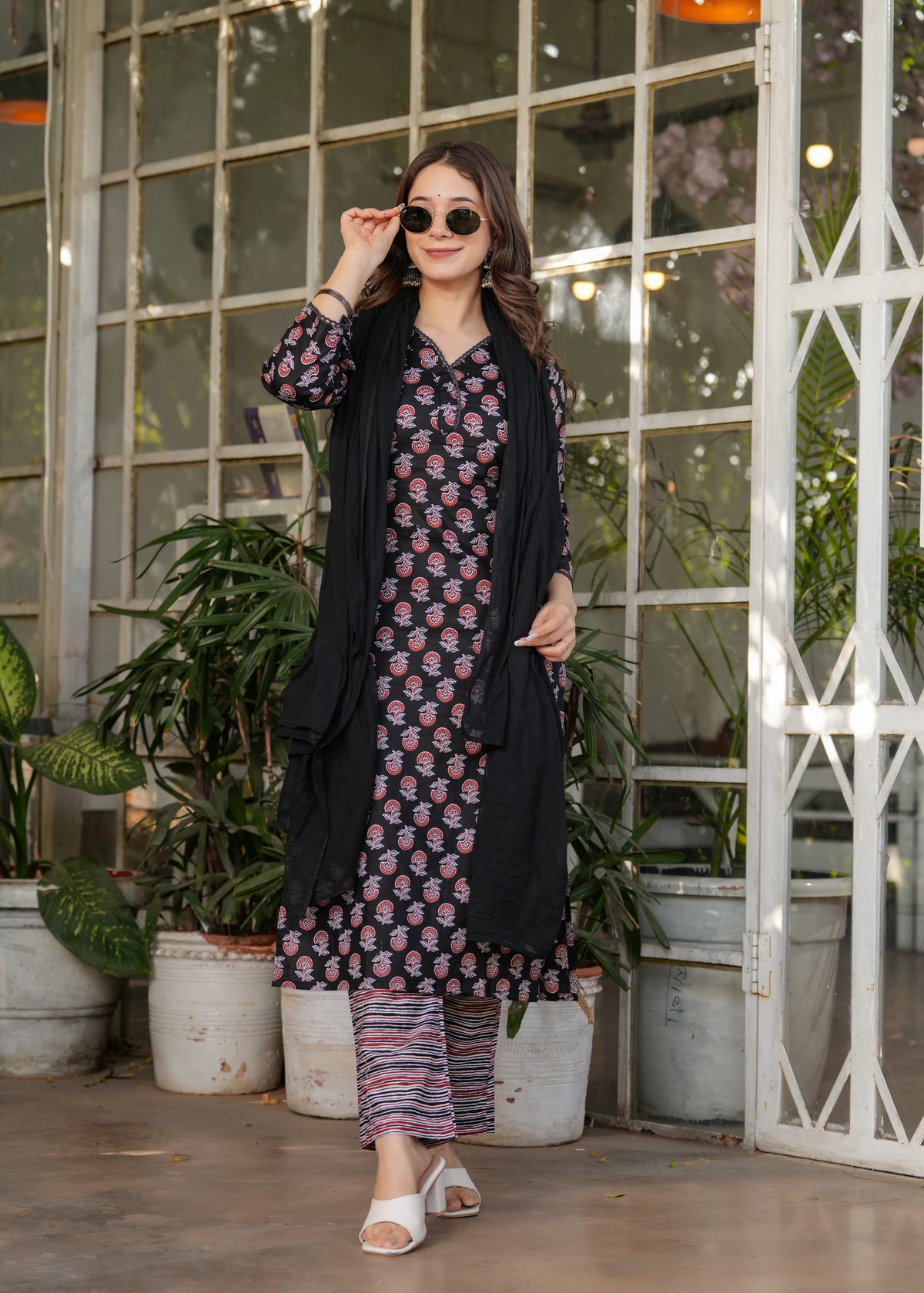 Black Pure Cotton Printed Kurta Pant Dupatta Set