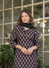 Black Pure Cotton Printed Kurta Pant Dupatta Set
