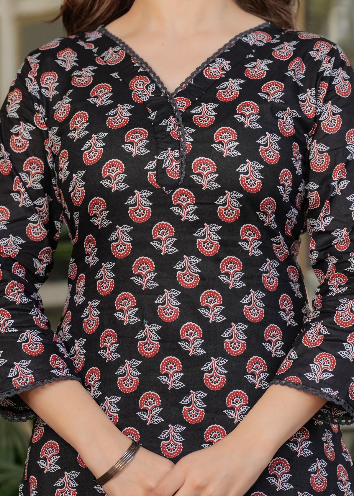 Black Pure Cotton Printed Kurta Pant Dupatta Set