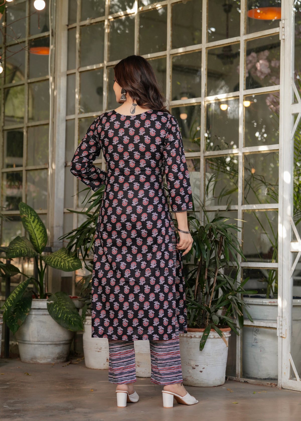 Black Pure Cotton Printed Kurta Pant Dupatta Set