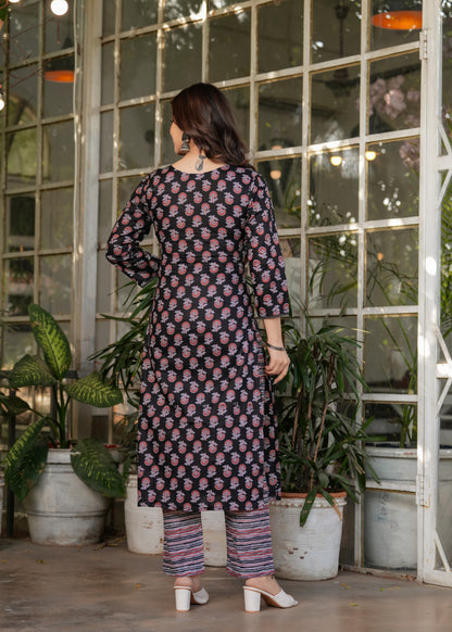Black Pure Cotton Printed Kurta Pant Dupatta Set