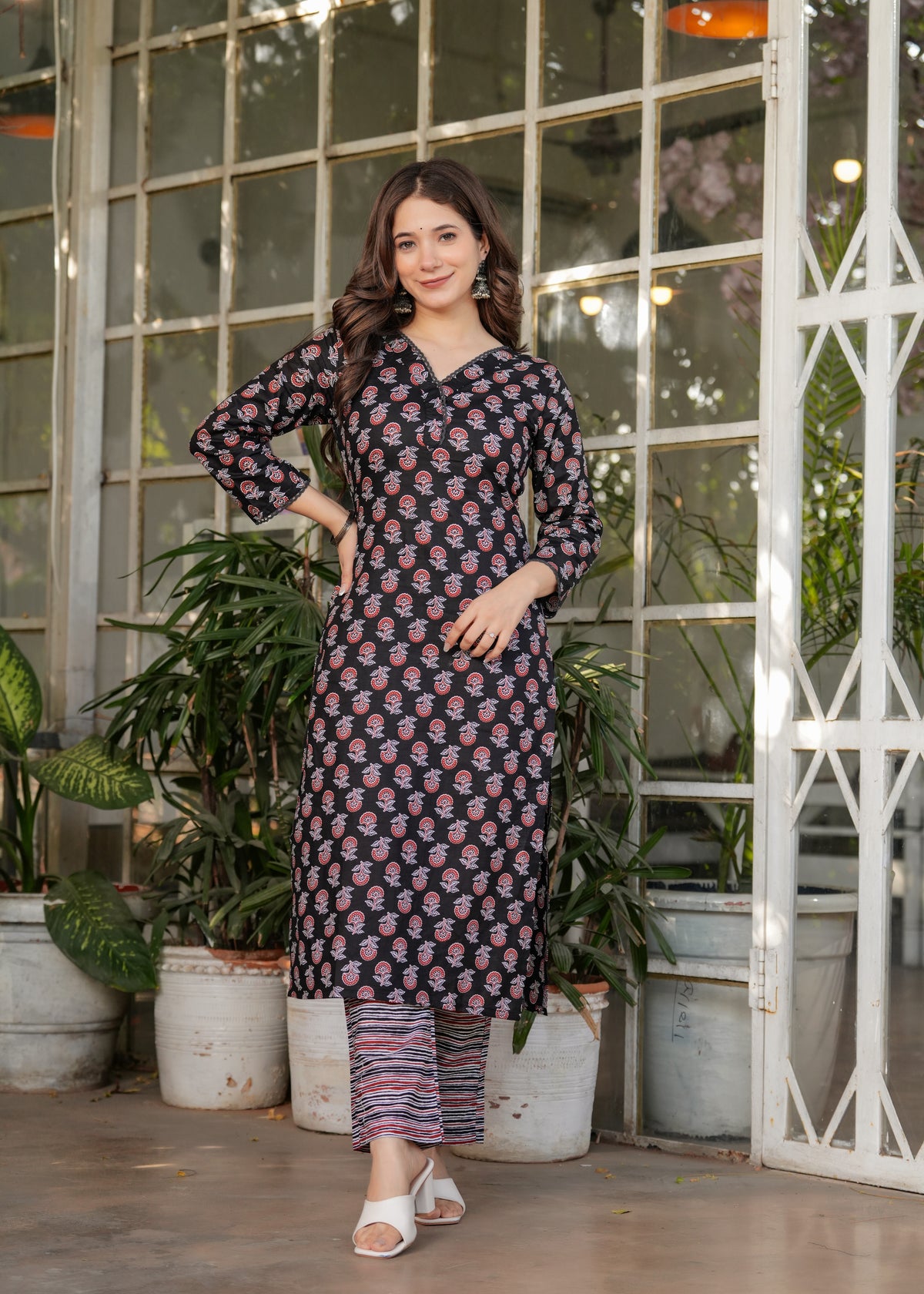 Black Pure Cotton Printed Kurta Pant Dupatta Set