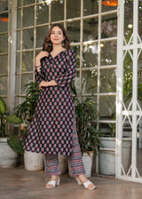 Black Pure Cotton Printed Kurta Pant Dupatta Set