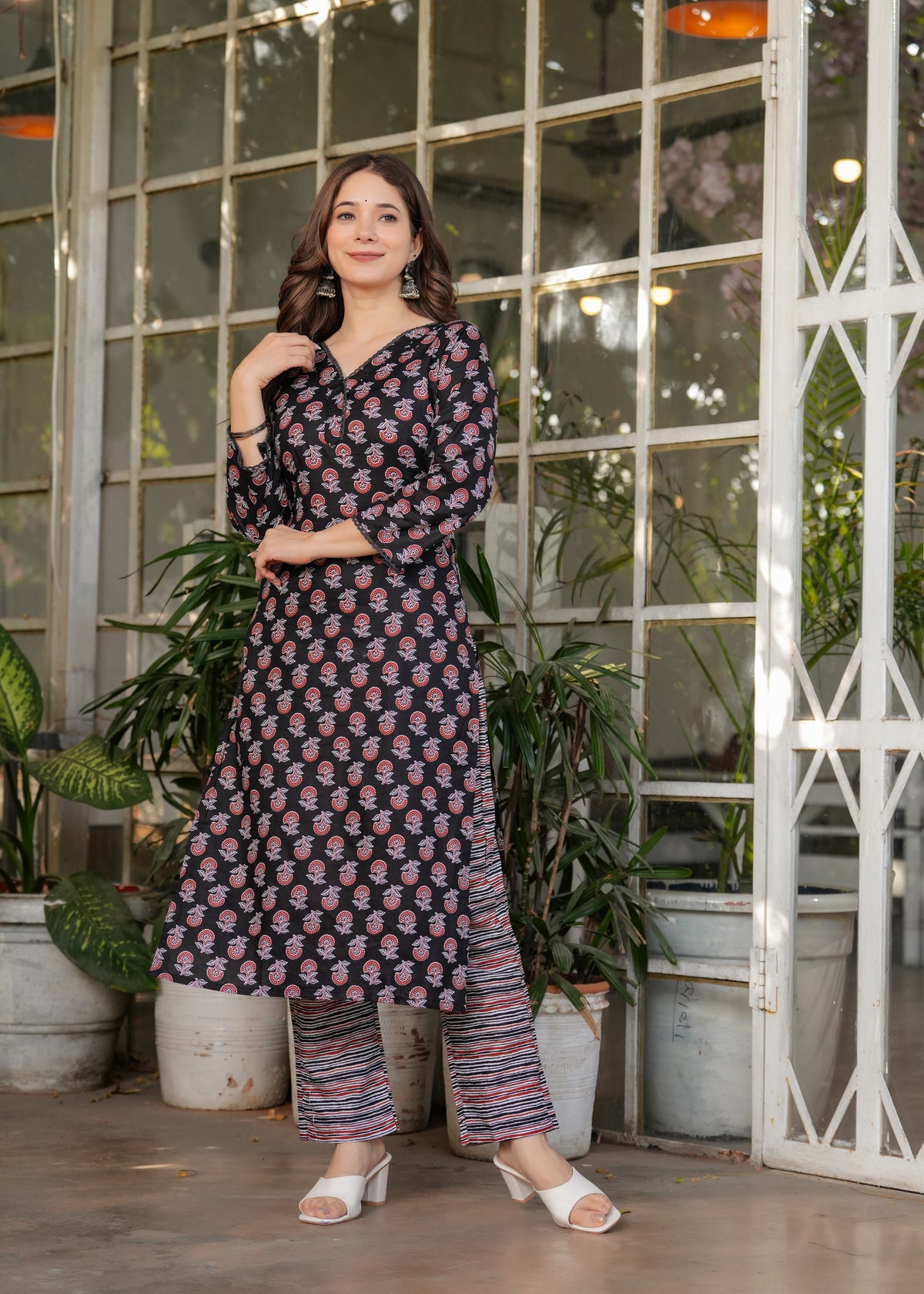 Black Pure Cotton Printed Kurta Pant Dupatta Set