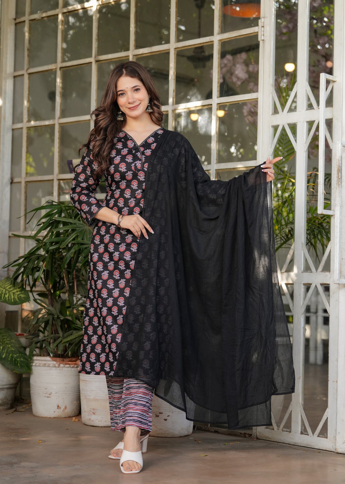 Black Pure Cotton Printed Kurta Pant Dupatta Set