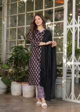 Black Pure Cotton Printed Kurta Pant Dupatta Set