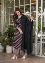 Black Pure Cotton Printed Kurta Pant Dupatta Set