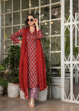 Red Pure Cotton Printed Kurta Pant Dupatta Set