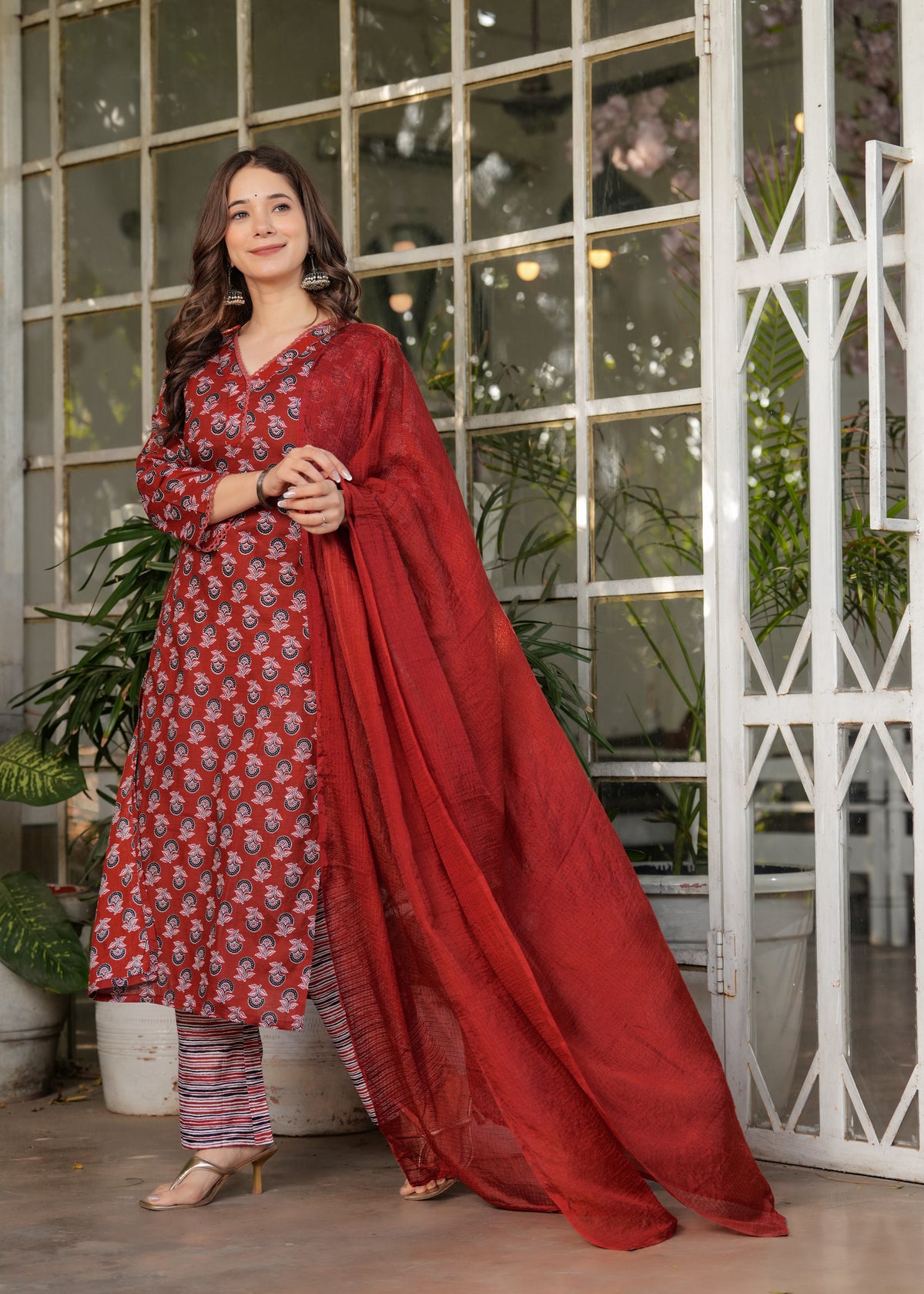 Red Pure Cotton Printed Kurta Pant Dupatta Set