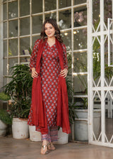 Red Pure Cotton Printed Kurta Pant Dupatta Set