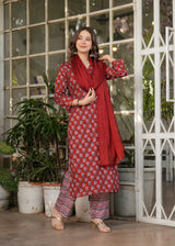 Red Pure Cotton Printed Kurta Pant Dupatta Set