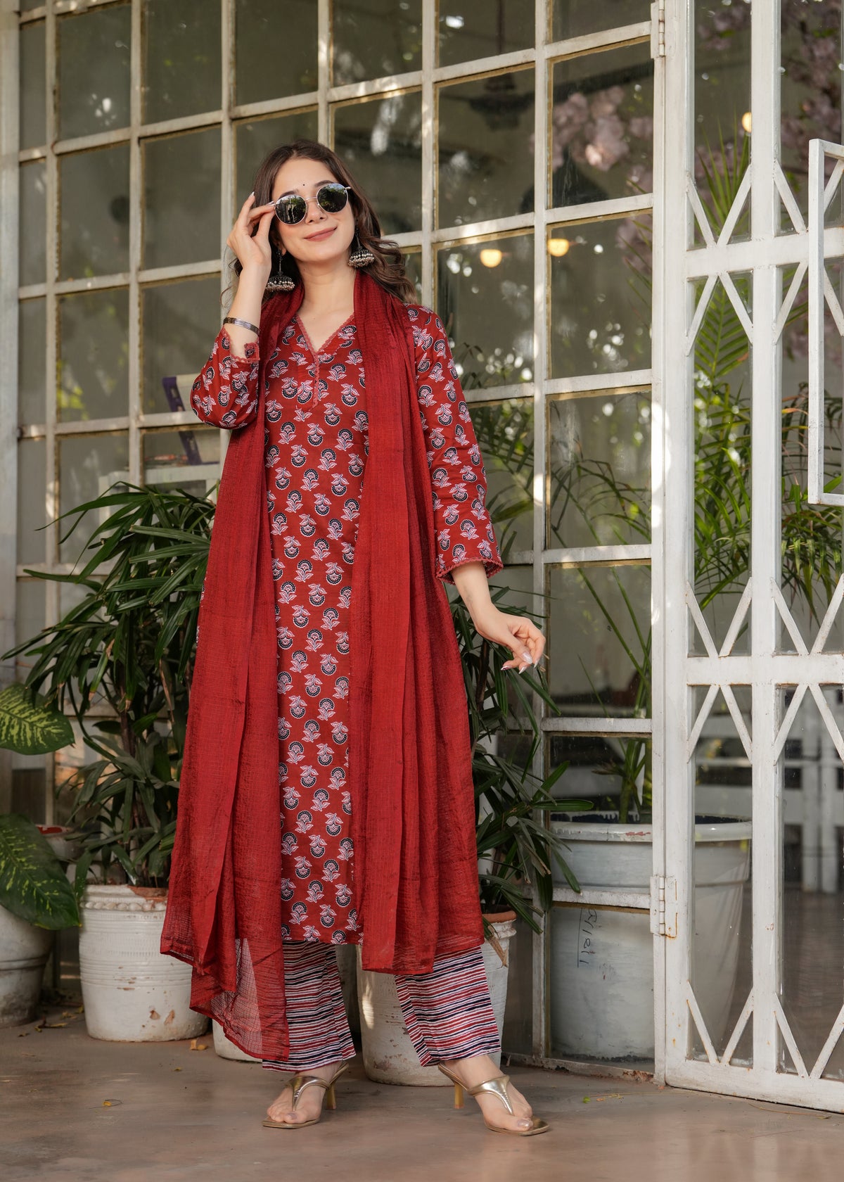 Red Pure Cotton Printed Kurta Pant Dupatta Set