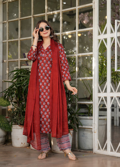 Red Pure Cotton Printed Kurta Pant Dupatta Set