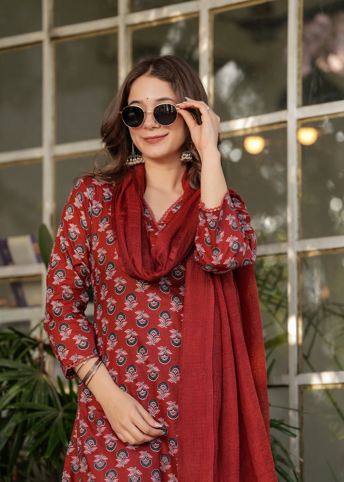 Red Pure Cotton Printed Kurta Pant Dupatta Set