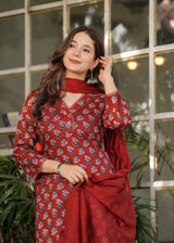 Red Pure Cotton Printed Kurta Pant Dupatta Set
