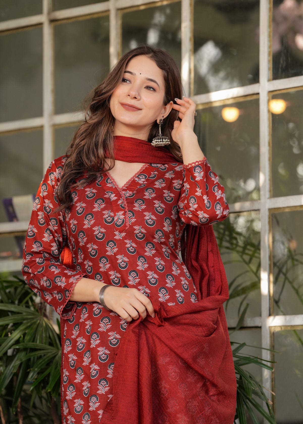 Red Pure Cotton Printed Kurta Pant Dupatta Set