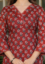 Red Pure Cotton Printed Kurta Pant Dupatta Set