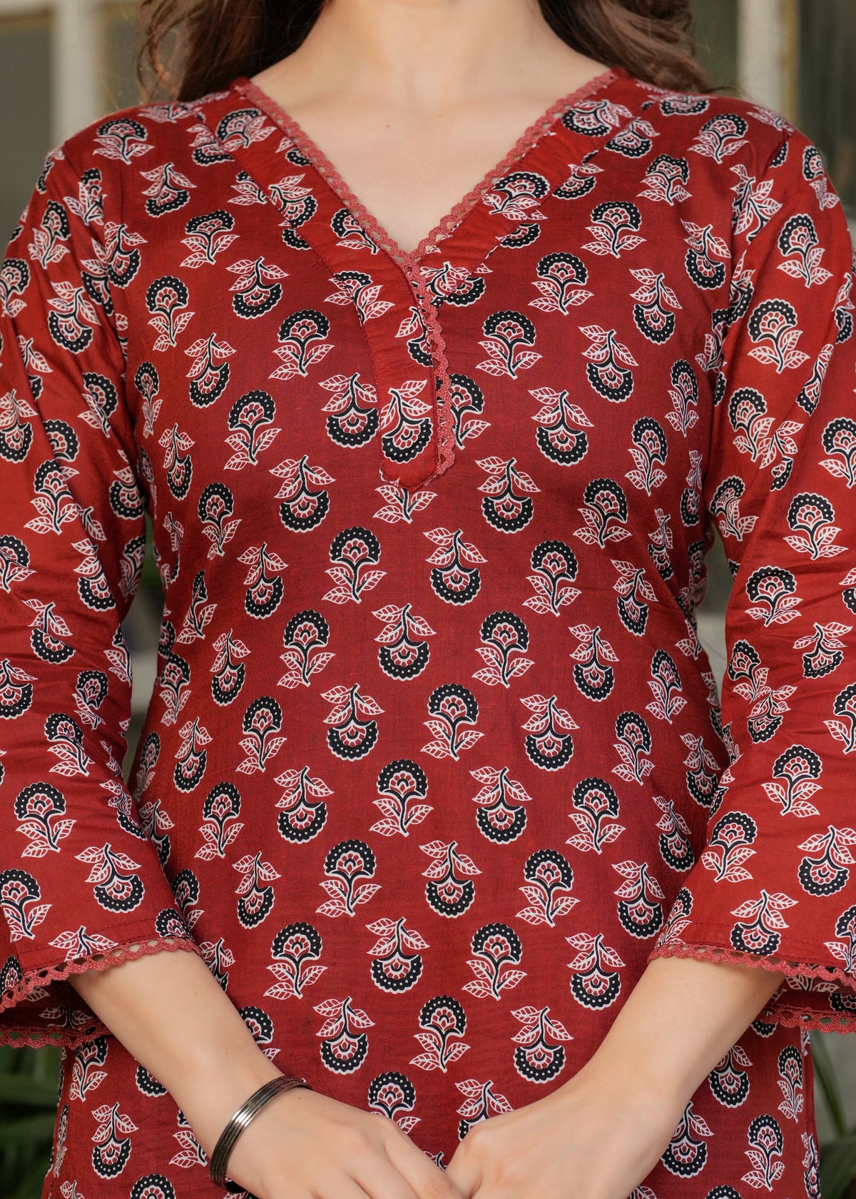 Red Pure Cotton Printed Kurta Pant Dupatta Set