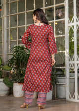 Red Pure Cotton Printed Kurta Pant Dupatta Set