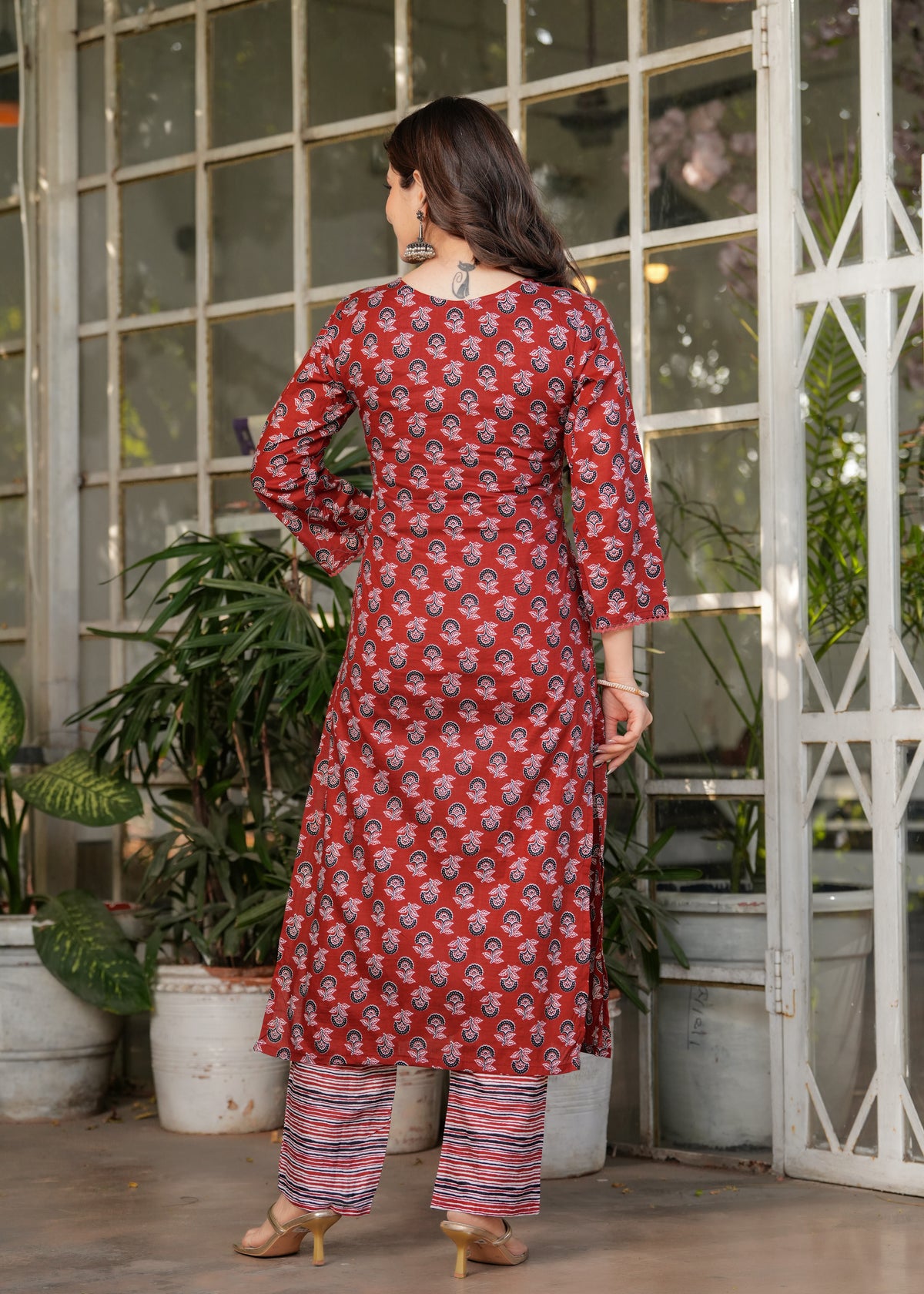 Red Pure Cotton Printed Kurta Pant Dupatta Set