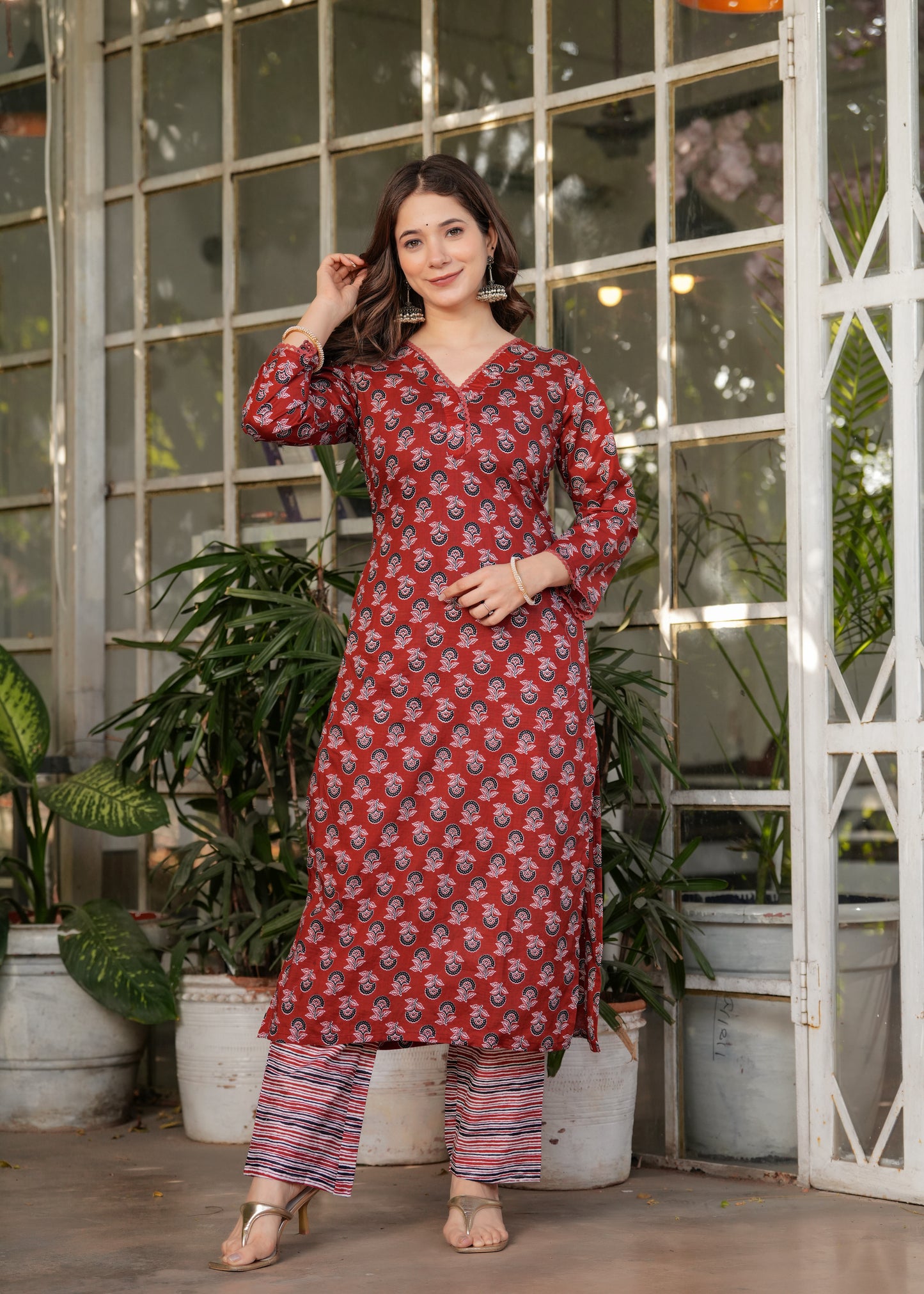 Red Pure Cotton Printed Kurta Pant Dupatta Set
