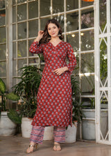 Red Pure Cotton Printed Kurta Pant Dupatta Set