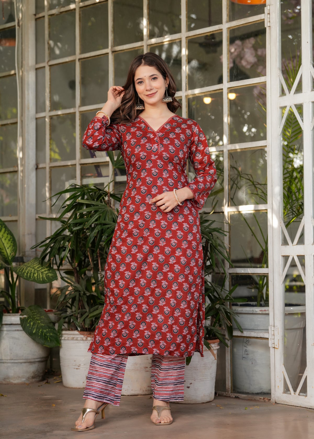 Red Pure Cotton Printed Kurta Pant Dupatta Set