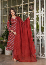 Red Pure Cotton Printed Kurta Pant Dupatta Set