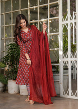 Red Pure Cotton Printed Kurta Pant Dupatta Set