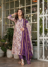 Lavender Purple Pure Cotton Printed Kurta Pant Dupatta Set