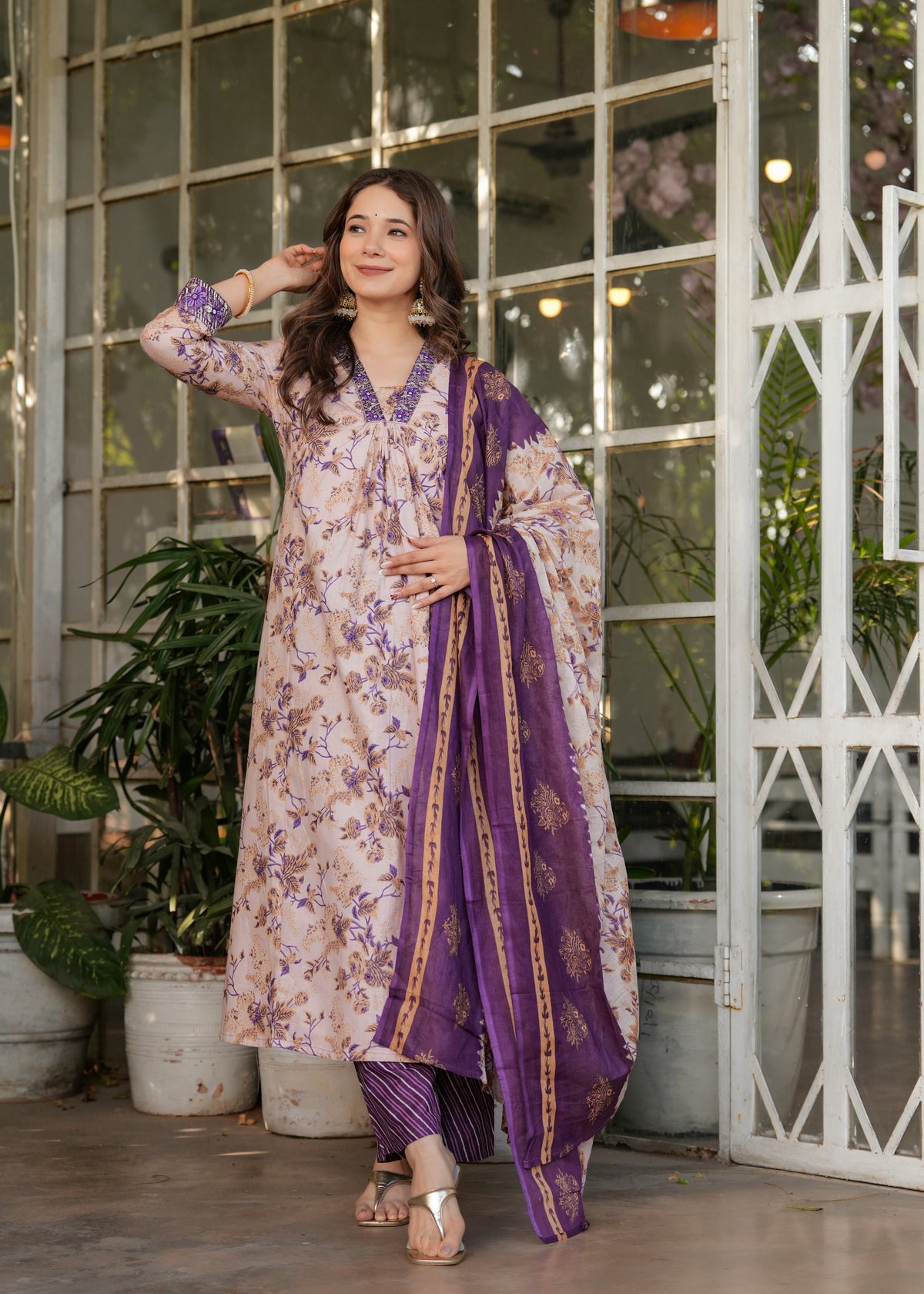 Lavender Purple Pure Cotton Printed Kurta Pant Dupatta Set